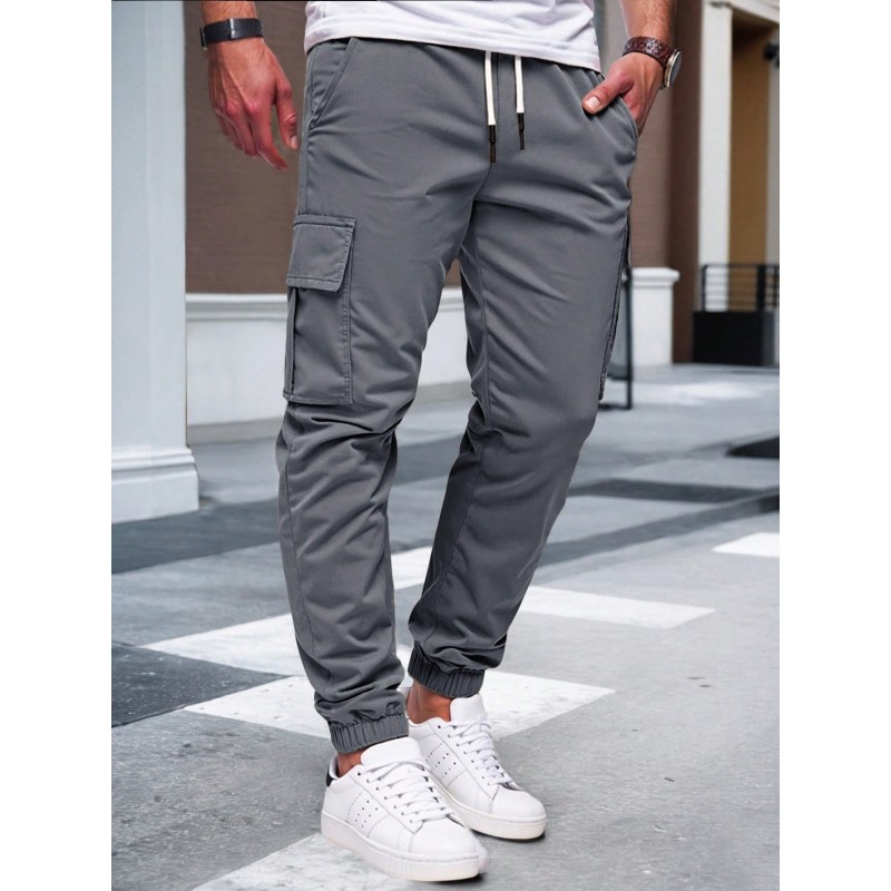 Men's Solid Color Drawstring Multi-Pocket Slim Fit Casual Cargo Pants
