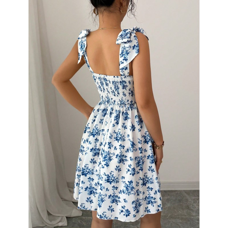 New Ditsy Floral Shoulder Tie Cinched Waist Fit & Flare Casual Elegant Summer Holiday Dress