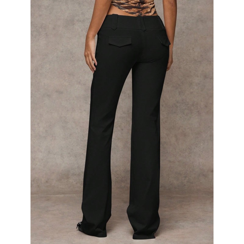 Style Patch Pocket Wide Waistband Simple Commute Office Low-Waist Loose Wide Leg Pants
