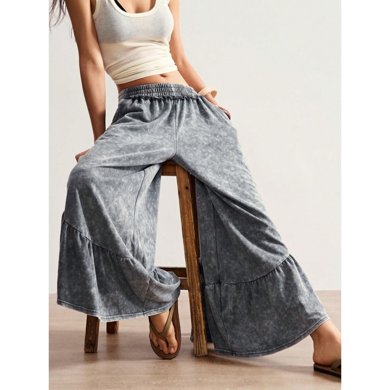 Solid Color Knit Loose Flare Leg Washed Women's Pants