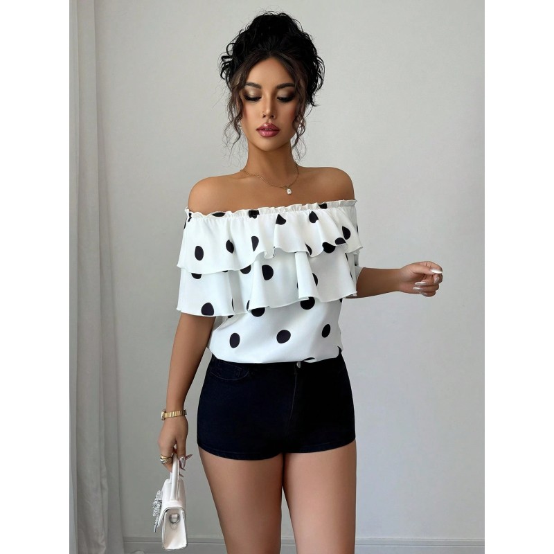 Polka Dot Print Tiered Ruffle Off Shoulder Short Sleeve Blouse
