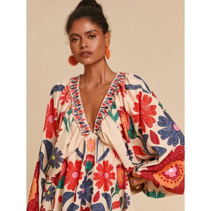 Long Sleeve Mini Chiffon Dress With Floral Print For Women