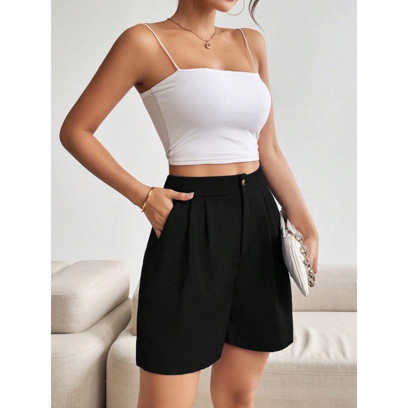 Women's Solid Color Pleated Pocket Loose Casual Shorts