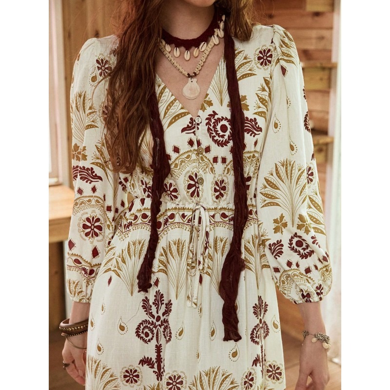 Women's V-Neck Floral Print Elegant Waist Cinched Dress