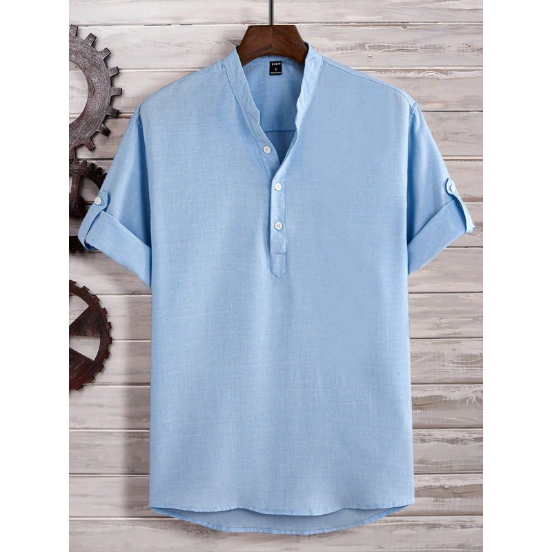 Homme Loose Fit Men's Half Button Roll Up Sleeve Shirt