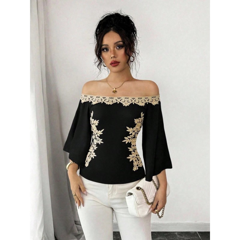 Women Sexy Elegant Daily Gold Floral Decor Off Shoulder T-Shirt