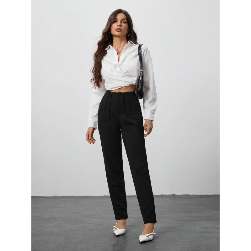 Toothpick Pleated Slim High Waist Three-Quarter Work Pants Women's Trousers