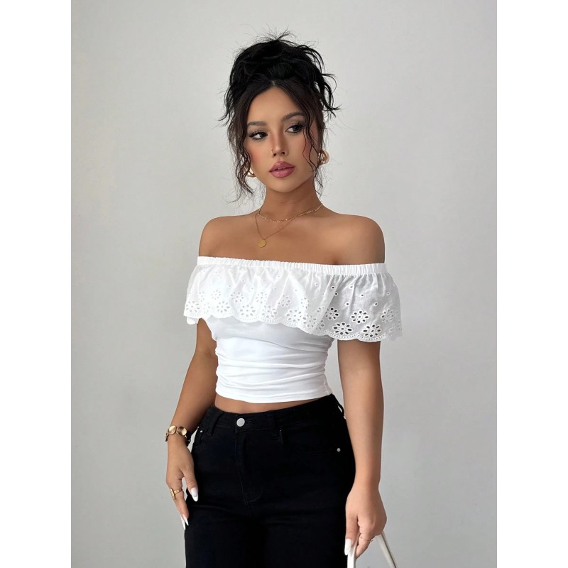 Hollow Out Jacquard Off Shoulder Casual Versatile T-Shirt