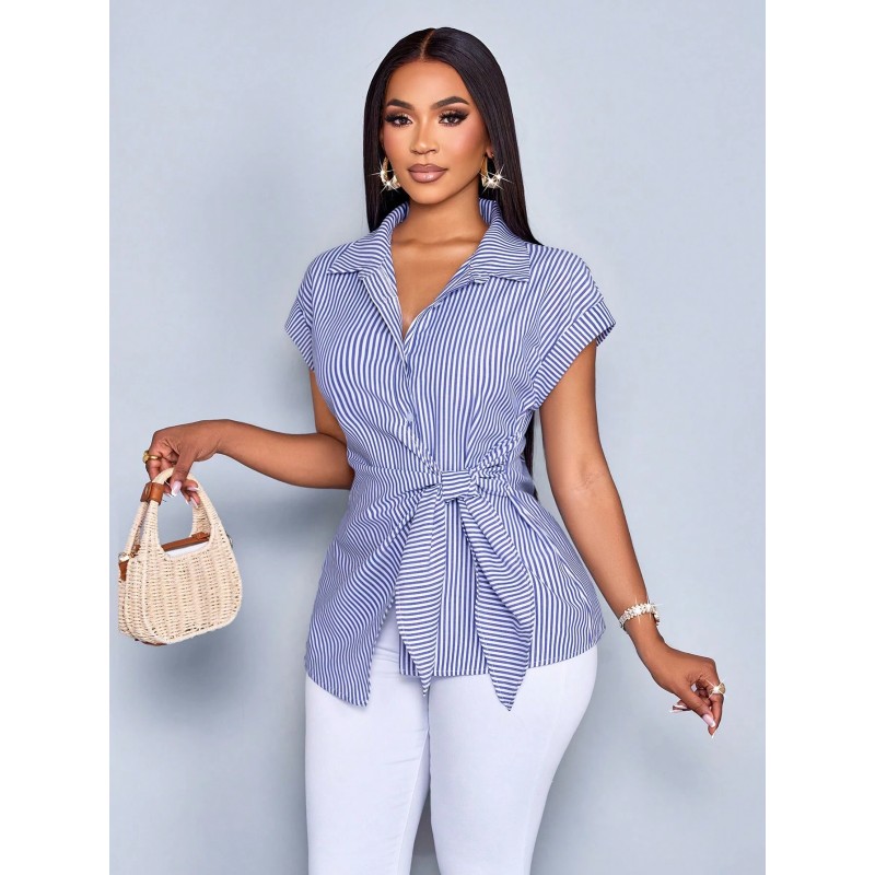 Women's Striped Print Button Front Shirt,Casual Elegant Striped Print Tie Front Detail Blouse