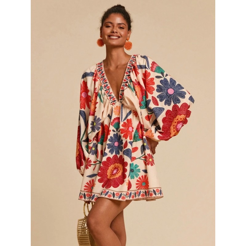 Long Sleeve Mini Chiffon Dress With Floral Print For Women