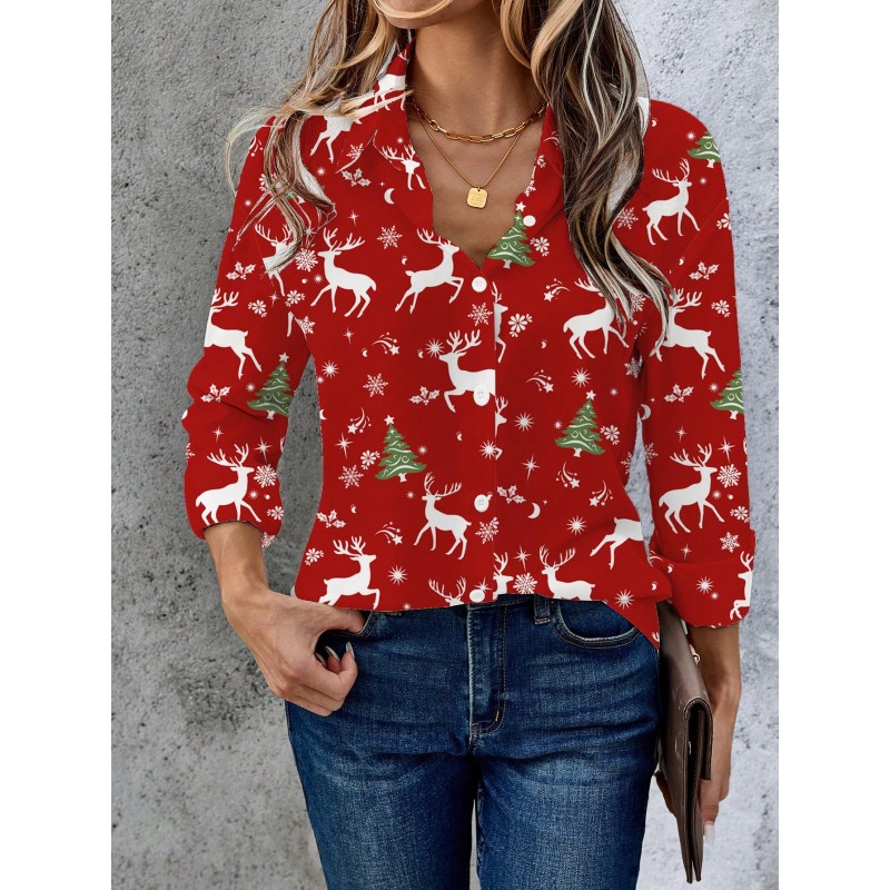 Women Casual Simple Christmas Element Pattern Loose Long Sleeve Shirt